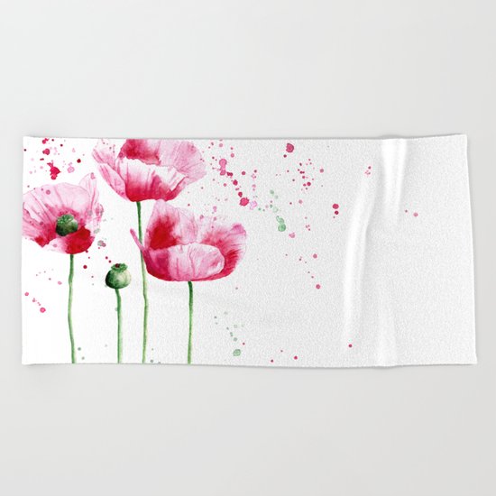 Expressive poppies || watercolor Beach Towel