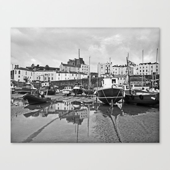 Tenby Harbour Boats.Pembrokeshire.B+W. Canvas Print