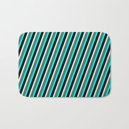 [ Thumbnail: Beige, Dark Cyan, Turquoise & Black Colored Striped Pattern Bath Mat ]