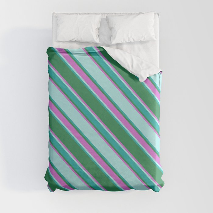 Sea Green, Orchid, Turquoise & Light Sea Green Colored Lined Pattern Duvet Cover
