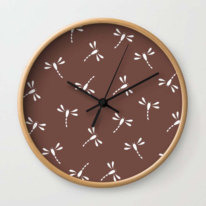 White Small Dragonfly Silhouette on Dark Chocolate Brown Wall Clock