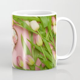 Tender tulips and a heart-shaped basket with meringues inside. Pink background Coffee Mug | Sweets, Photo, Pink, Garden, Marshmallows, Srilllife, Female, Merengue, Tender, Botanic 
