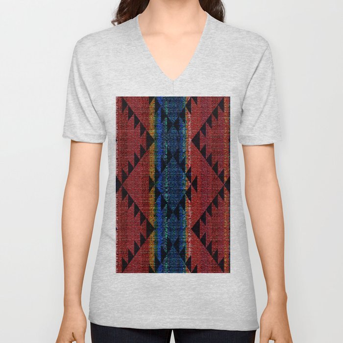 Tribal Pattern on Rustic Coarse Weave Look Colorful Stripes V Neck T Shirt