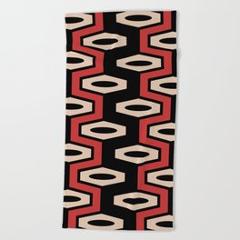 Atomic Geometric Pattern 246 Black Red and Beige Beach Towel