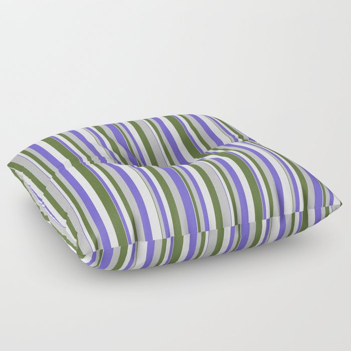 Grey, Slate Blue, Mint Cream & Dark Olive Green Colored Stripes/Lines Pattern Floor Pillow