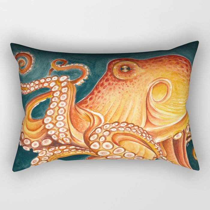 Orange Yellow Octopus in Dark Teal Ocean Watercolor Rectangular Pillow
