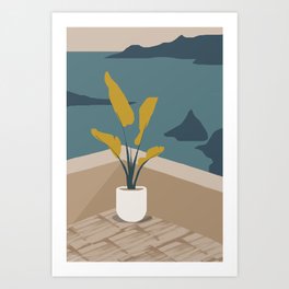 Ocean View from Coastal Balcony Art Print | Landscape, Yellowleaves, Drawing, Tilefloor, Holiday, Whitepot, Mountains, Islands, Bluesea, Yellowplant 
