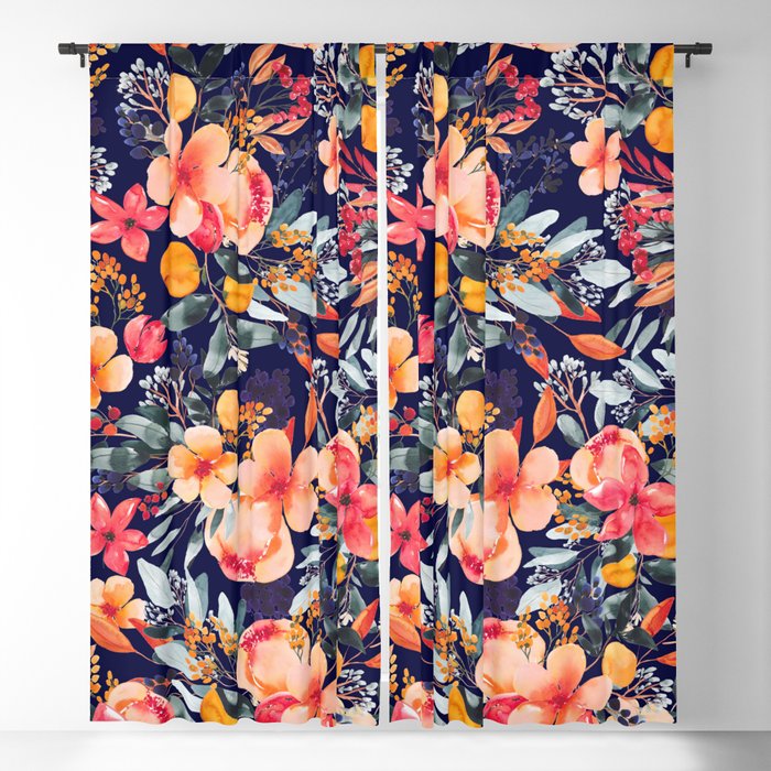 Navy Floral Blackout Curtain by lizzy powers design | Society6