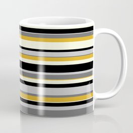 [ Thumbnail: Eyecatching Dim Grey, Goldenrod, Beige, Black & Grey Colored Pattern of Stripes Coffee Mug ]