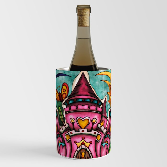 Pink princess castle in fairytale garden painting, whimsical landscape Wine Chiller