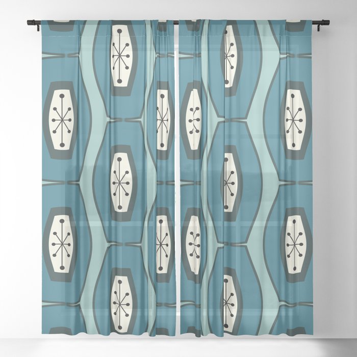 Midcentury Funky Chain Pattern Turquoise Teal Sheer Curtain By