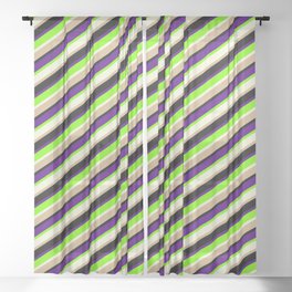 [ Thumbnail: Eyecatching Indigo, Green, Beige, Tan, and Black Colored Lined/Striped Pattern Sheer Curtain ]