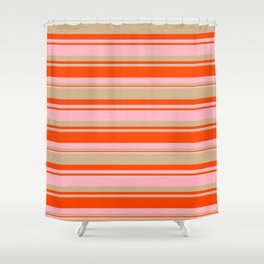 [ Thumbnail: Red, Light Pink, and Tan Colored Lined/Striped Pattern Shower Curtain ]