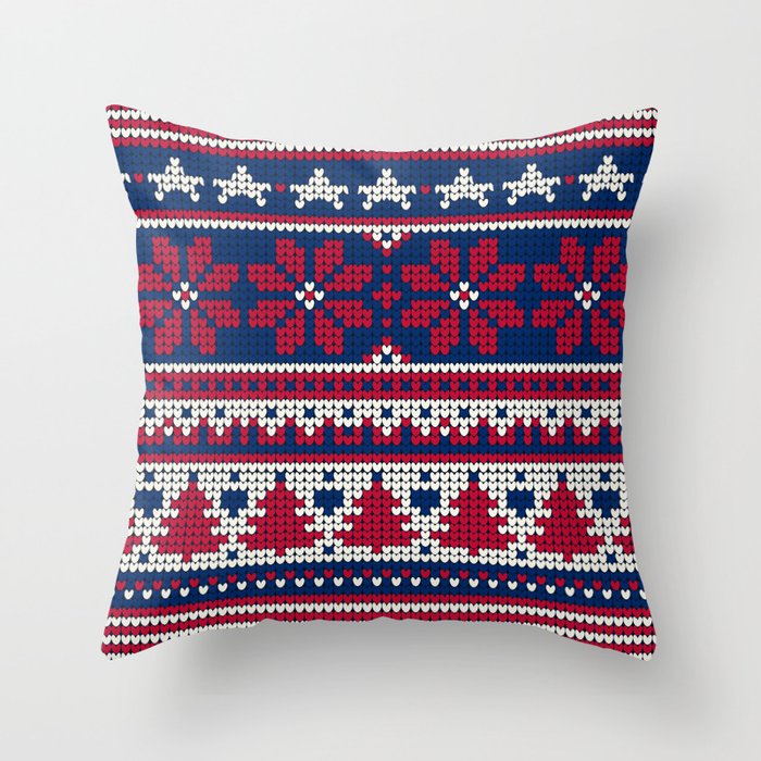 red white and blue patriotic knit ugly christmas swester Throw Pillow