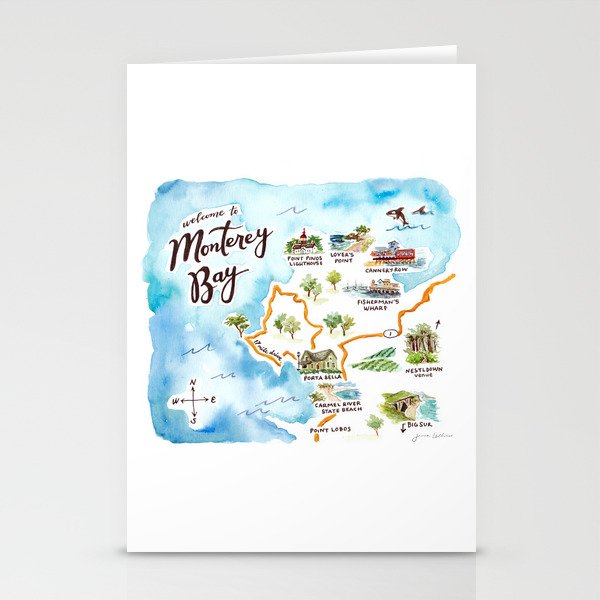 Monterey Bay, CA Watercolor Map Stationery Cards