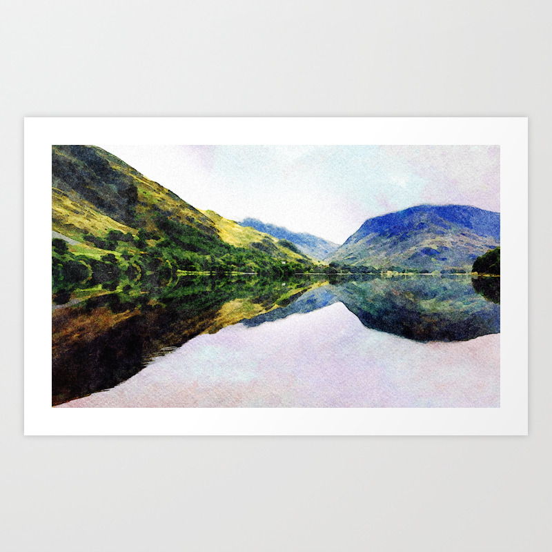 Buttermere Mirror Mountains Lake District Uk Watercolour