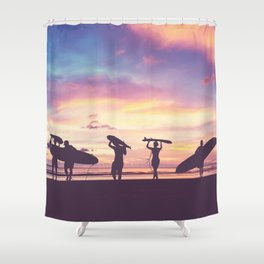 Silhouette Of surfer people carrying their surfboard on sunset beach, vintage filter effect with soft style Shower Curtain