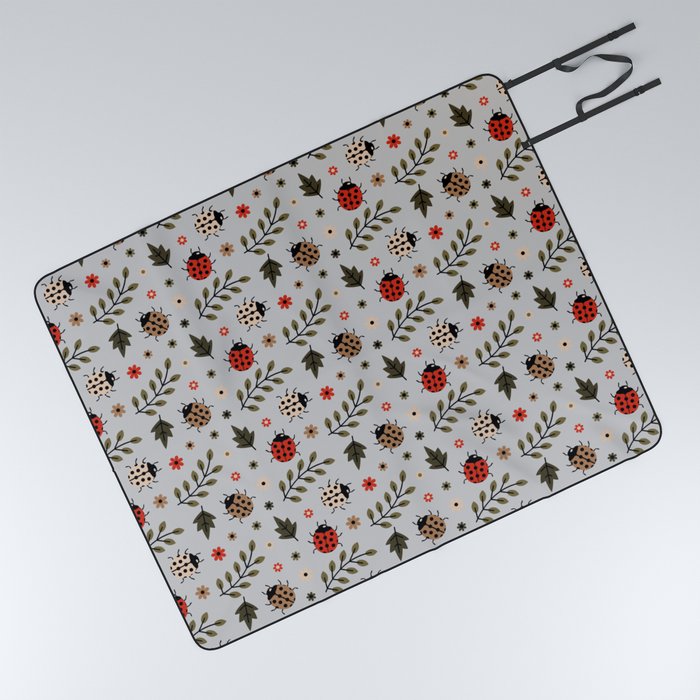 Ladybug and Floral Seamless Pattern on Light Grey Background Picnic Blanket