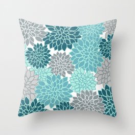 Dahlia Floral Blooms in Teal and Gray Throw Pillow