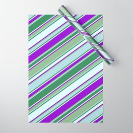 [ Thumbnail: Vibrant Dark Sea Green, Powder Blue, Sea Green, Light Cyan & Dark Violet Colored Lines Pattern Wrapping Paper ]