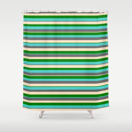[ Thumbnail: Green, Turquoise, Dim Grey, and Bisque Colored Striped/Lined Pattern Shower Curtain ]