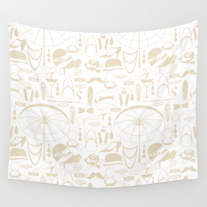 Beige Old-Fashioned 1920s Vintage Pattern on White Wall Tapestry