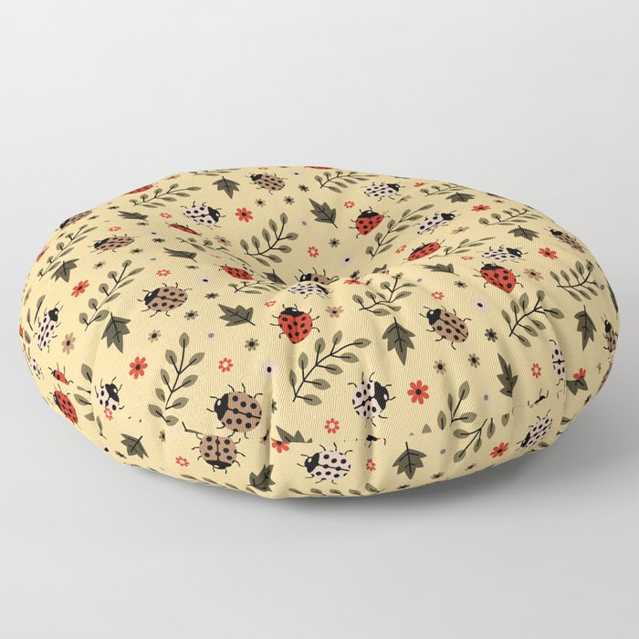 Ladybug and Floral Seamless Pattern on Tan Background Floor Pillow