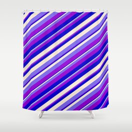 [ Thumbnail: Beige, Medium Slate Blue, Dark Violet & Blue Colored Stripes Pattern Shower Curtain ]