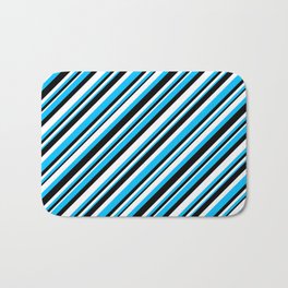 [ Thumbnail: Deep Sky Blue, Black, and White Colored Lined Pattern Bath Mat ]