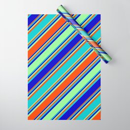 [ Thumbnail: Dark Turquoise, Blue, Green, and Red Colored Striped Pattern Wrapping Paper ]