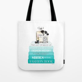 Teal fashion books with perfume bottle and make up brushes by Amanda Greenwood Tote Bag