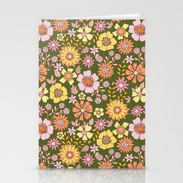 Spring Florals Ava -Green Pink Yellow Orange Flower Pattern Stationery Cards