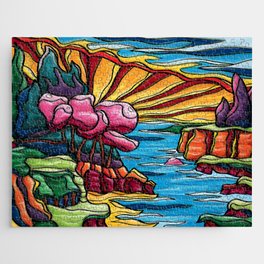 Red moutains sunset landscape painting, bold colorful naive art Jigsaw Puzzle