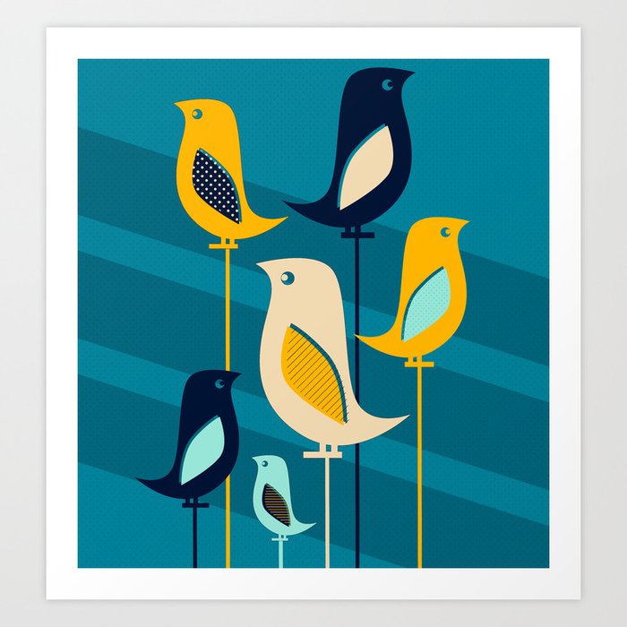 Mid Century Birds Blue Art Print By Samossie Society6