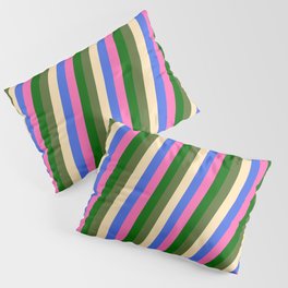 [ Thumbnail: Vibrant Dark Olive Green, Beige, Royal Blue, Hot Pink, and Dark Green Colored Lines Pattern Pillow Sham ]