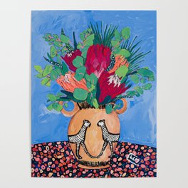 Cheetah Vase with Protea Bouquet Painting on Blue after Matisse Poster