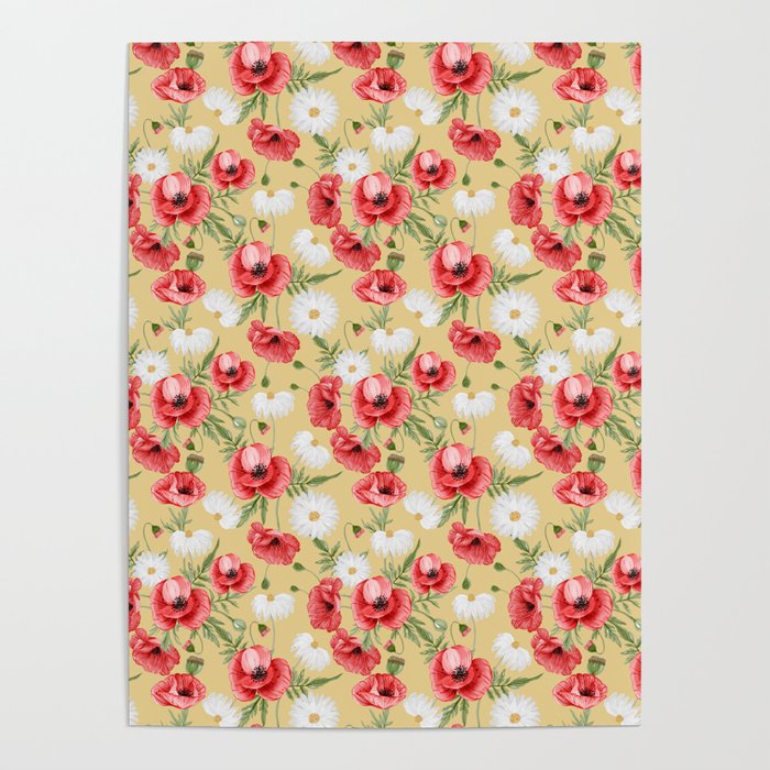 Daisy and Poppy Seamless Pattern on Beige Background Poster