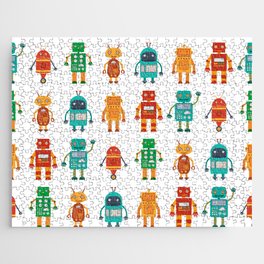 Seamless pattern from colorful retro robots in a flat style on a white background. Vintage illustration.  Jigsaw Puzzle