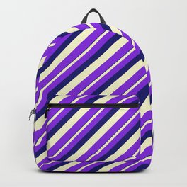 [ Thumbnail: Midnight Blue, Light Yellow, and Purple Colored Striped/Lined Pattern Backpack ]