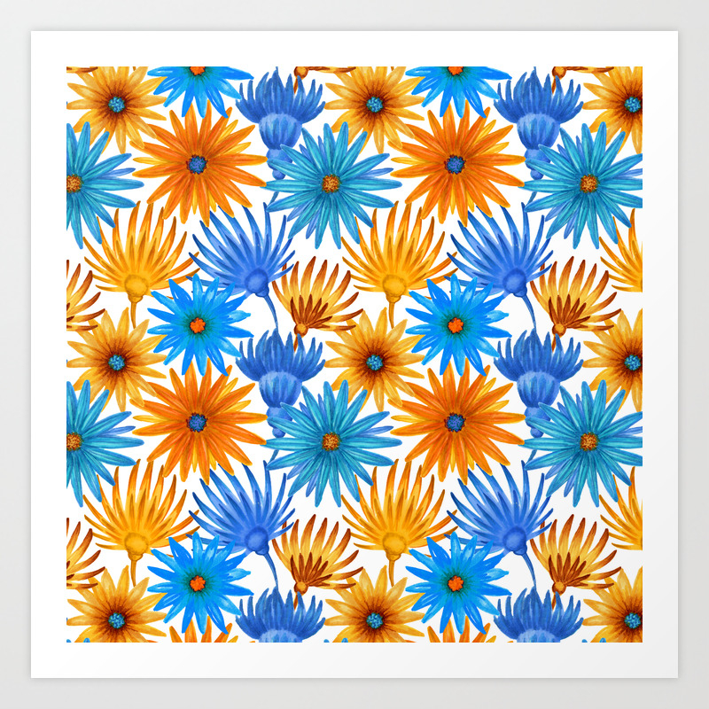 Hand Painted Orange Sky Blue Watercolor Floral Art Print By Pink Water Society6