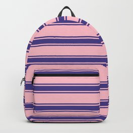 [ Thumbnail: Pink and Dark Slate Blue Colored Pattern of Stripes Backpack ]