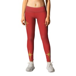  Christmas Faux Gold Foil Star in Holly Berry Red Leggings