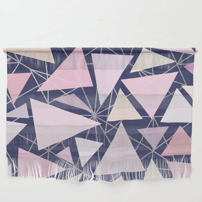 Geometric navy blue silver coral pink ivory triangles  Wall Hanging