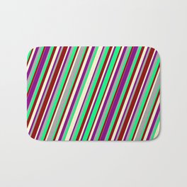 [ Thumbnail: Colorful Dark Gray, Green, Dark Red, Light Yellow, and Purple Colored Lined/Striped Pattern Bath Mat ]