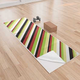 [ Thumbnail: Eye-catching Tan, Green, Red, Black & White Colored Striped/Lined Pattern Yoga Towel ]