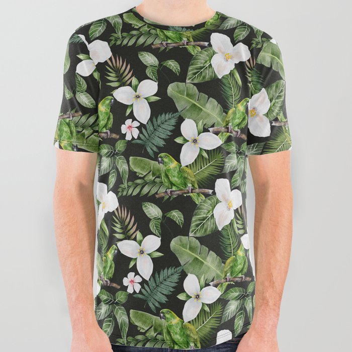 Tropical Flowers Parrot Pattern All Over Graphic Tee