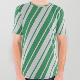[ Thumbnail: Light Grey & Sea Green Colored Lines Pattern All Over Graphic Tee ]