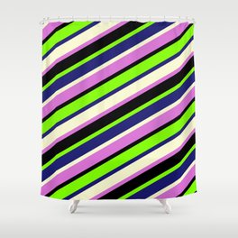 [ Thumbnail: Vibrant Chartreuse, Midnight Blue, Light Yellow, Orchid, and Black Colored Striped Pattern Shower Curtain ]