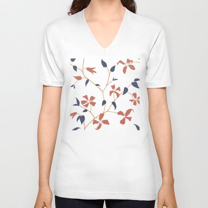Floral Clematis Vine - Indigo Sunset V Neck T Shirt