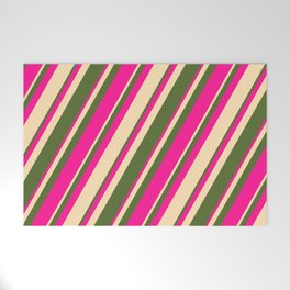 [ Thumbnail: Dark Olive Green, Deep Pink, and Beige Colored Stripes/Lines Pattern Welcome Mat ]